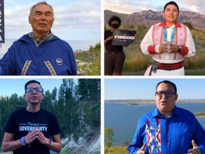 Four Native American delegates present their state delegate totals at the Democratic National Convention on August 18, 2020. Clockwise from top left: Chuck Degnan, Derrick Lente, Kellen Returns From Scout and Cesar Alvarez.