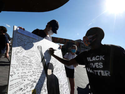 Muslims demonstrate against police brutality and racial injustice at Barclays Center in the Brooklyn Borough of New York City on June 13, 2020.