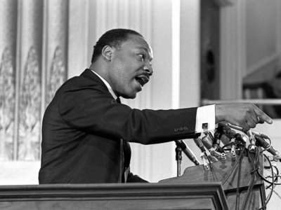 Civil rights leader Dr. Martin Luther King Jr. speaks from a lectern at the New York Avenue Presbyterian Church, Washington D.C., on February 6, 1968.
