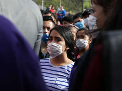 Factory workers halt their work to protest against the lack of safety measures against COVID-19, outside Electrocomponentes of Mexico, a company in the Mexican city of Ciudad Juárez in Chihuahua, Mexico, on April 20, 2020.
