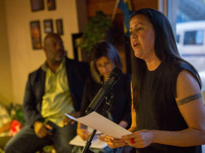 Natalie Diaz reads at an event at the Nordic Café on May 15, 2017, in Jerusalem, Palestine.