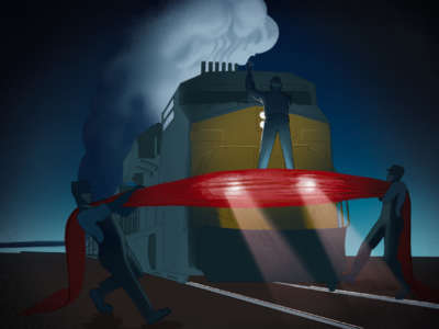 Railway workers hold red line in front of train