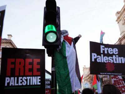 A person draped in the Palestinian flag stands on a light post and raises a fist while others around them display signs reading "FREE PALESTINE" during an outdoor protest