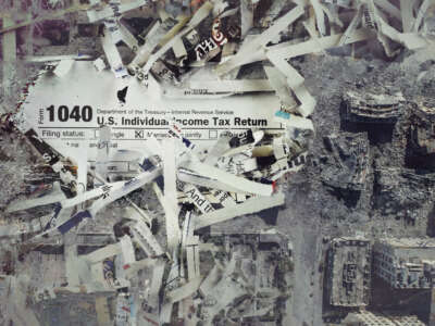 Photo collage of shredded paper and 1040 tax form amid rubble in Gaza