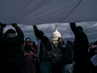 Protesters hold a Palestinian flag while joining a demonstration near the Capitol building in Washington, D.C., on October 21, 2023.