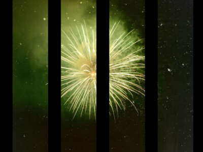 Green fireworks explode past dark black prison bars