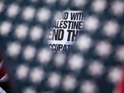 A sign urging support for Palestine is seen through a hole in an American flag during a pro-Palestinian protest at the White House in Washington, D.C., on June 8, 2024.