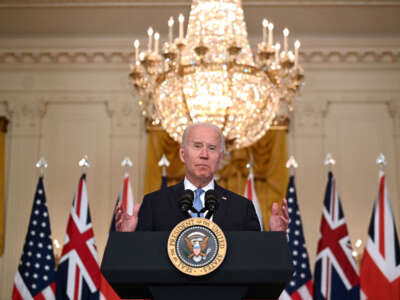 President Joe Biden speaks on national security with British Prime Minister Boris Johnson and Australian Prime Minister Scott Morrison in the East Room of the White House in Washington, D.C., on September 15, 2021.