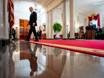 President Joe Biden departs after speaking to the media at the White House on July 1, 2024, in Washington, D.C.