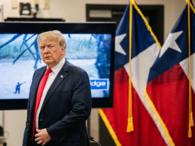 Former President Donald Trump arrives at a border security briefing to discuss further plans in securing the southern border wall on June 30, 2021, in Weslaco, Texas.