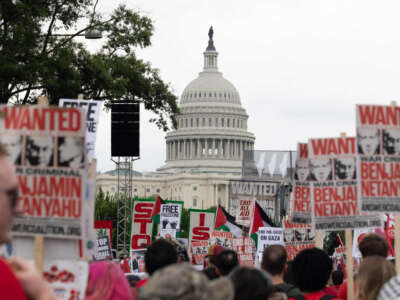 Pro-Palestine supporters gather outside of the U.S. Capitol to protest Israeli Prime Minister Benjamin Netanyahu's speech to Congress in Washington, D.C., on July 24, 2024.