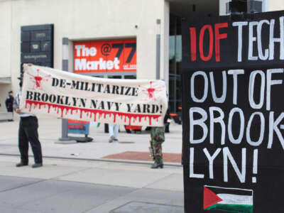 Activists with Demilitarize Brooklyn Navy Yard hold a demonstration against Easy Aerial and Crye Precision outside the Brooklyn Navy Yard in New York on November 4, 2024.