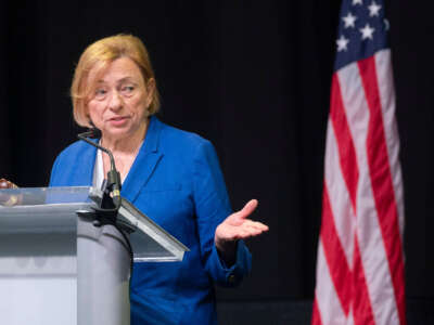 Maine Gov. Janet Mills speaks during the Maine Democratic convention at the Cross Insurance Center in Bangor on June 1, 2024.