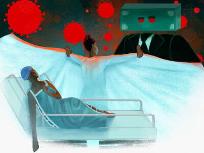 Illustration of patient lying in hospital bed as a health care worker raises a sheet to guard them against COVID molecules and a big money figure