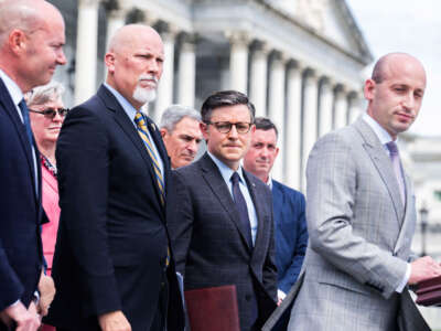 From right, Stephen Miller, a former aide in the Trump White House, Speaker of the House Mike Johnson, Rep. Chip Roy, and Sen. Mike Lee conduct a news conference at the House steps of the U.S. Capitol to introduce the Safeguard American Voter Eligibility (SAVE) Act on May 8, 2024.