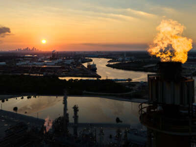 An aerial view of smoke from the LyondellBasell Houston refinery on June 14, 2024, in Houston, Texas.
