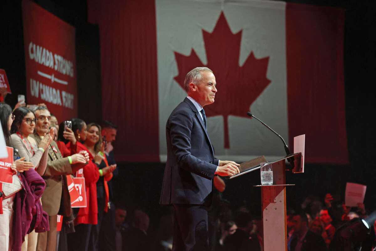 Canada's Prime Minister and Liberal Party leader Mark Carney speaks to supporters at a victory party in Ottawa, Ontario, on April 29, 2025.