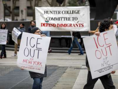 Students and faculty from the City University of New York (CUNY) hold a rally supporting international students who have had their visas revoked by the Trump administration, in lower Manhattan, on April 11, 2025.
