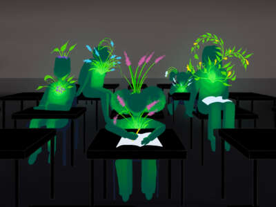 A digital illustration of growing, plantlike children seated and ready to learn in an otherwise desolate classroom setting