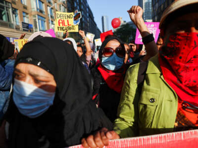 Thousands of people participate in a rally and march on May Day in Manhattan on May 1, 2025, in New York City.
