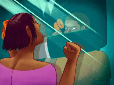 A digital illustration of a person in a pink shirt banging on glass to reach an imprisoned loved one, who is being silenced by an enormous, suited arm, during a prison phone call.