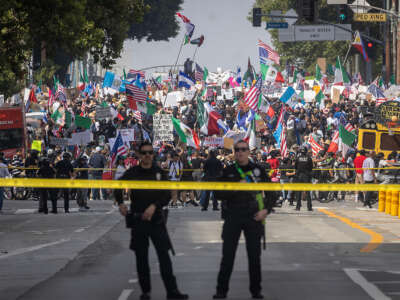 Thousands of protesters rally in Downtown Los Angeles, California, during an anti-Trump demonstration on June 14, 2025.