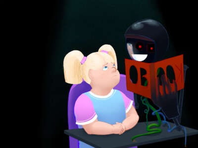 A student is read to by a horrifying machine from "book" that melts into its supernumerary fingers