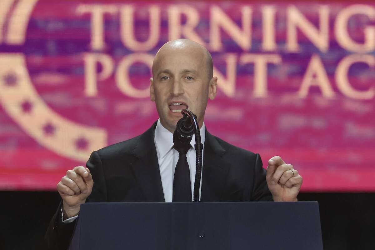 White House Deputy Chief of Staff Stephen Miller speaks during the memorial service for political activist Charlie Kirk at State Farm Stadium on September 21, 2025 in Glendale, Arizona.