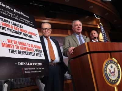 (L-R) Senate Minority Leader Chuck Schumer (D-New York), U.S. Sen. Tim Kaine (D-Virginia) and Sen. Adam Schiff (D-California) hold a news conference on the Venezuela War Powers Resolution at the U.S. Capitol on January 8, 2026 in Washington, D.C.