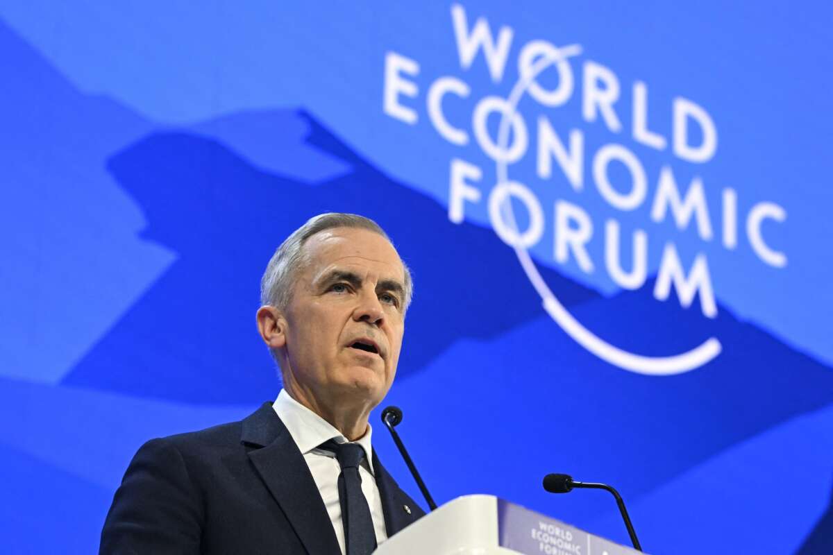 Canada's Prime Minister Mark Carney delivers a speech during the World Economic Forum annual meeting in Davos on January 20, 2026.