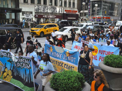 Gulf Coast residents protest insurance giant Chubb’s support for Methane/LNG on June 26, 2024, in New York City.