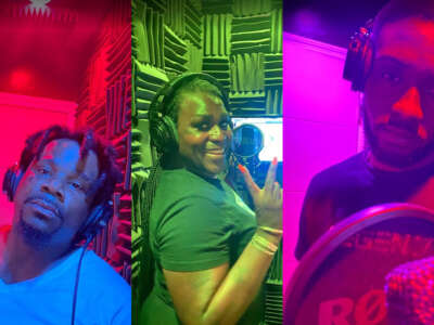 “Bending the Bars” artists Kashdatt, Chuckie Lee and ZQ record in the studio.