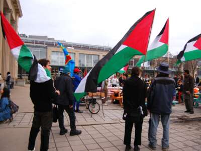 Palestinian rights advocates hold a demonstration in the election riding of Papineau, in Montreal's Parc-Extension neighborhood, on April 19, 2025.