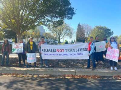Dublin Prison Solidarity Coalition rallies outside FCI Dublin on April 19, 2024.