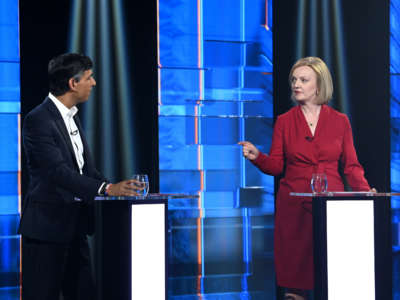 Conservative leadership candidates Rishi Sunak and Liz Truss debate during "Britain's Next Prime Minister: The ITV Debate" at Riverside Studios on July 17, 2022, in London, England.