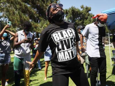 A dancer wears a Black Lives Matter shirt at a 'Black Joy' rally in the North Hollywood neighborhood on June 27, 2020, in Los Angeles, California.