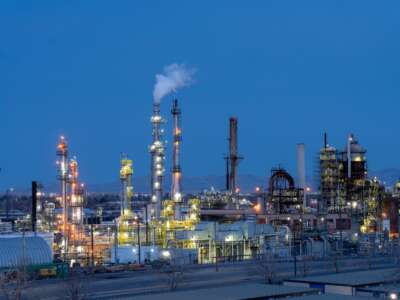 An oil refinery lit up in pre-dawn twilight near Salt Lake City, Utah, on March 26, 2022. Bills strictly limiting state and city officials’ ability to bring climate lawsuits against oil companies have already been introduced in Utah and Oklahoma.