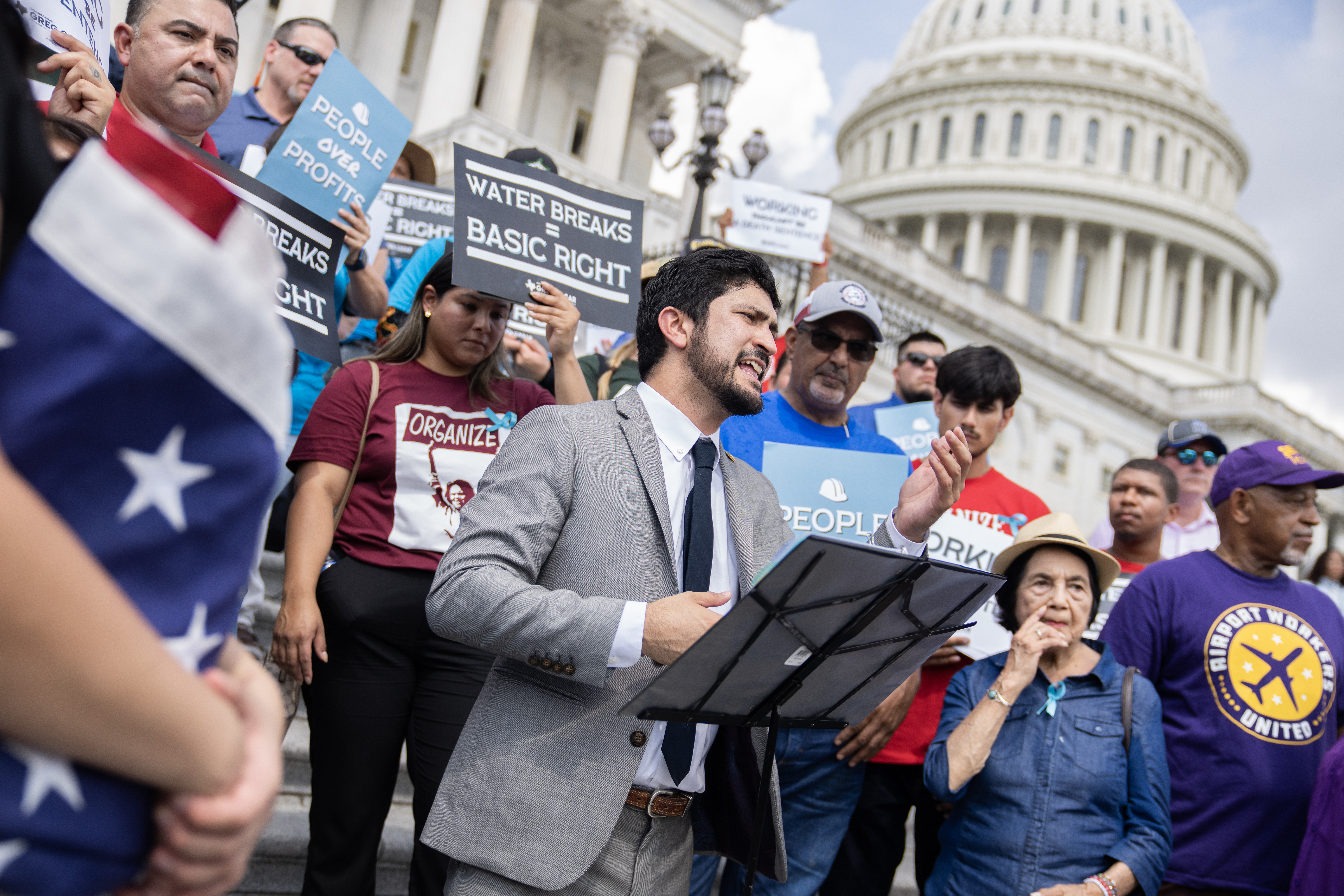 Rep. Greg Casar, D-Texas, speaks during a vigil and thirst strike for workers' rights on the House steps of the U.S. Capitol on July 25, 2023. The strike follows a letter from Casar and over 110 members of the Congress sent to the Biden administration to "implement an Occupational Safety and Health Administration workplace heat standard as quickly as possible."