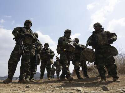 South Korean and U.S. soldiers conduct a joint river-crossing exercise in Yeoncheon, Gyeonggi province, on March 20, 2024.