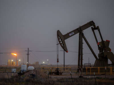 An oil pumpjack in field on March 24, 2024 in Coyanosa, Texas