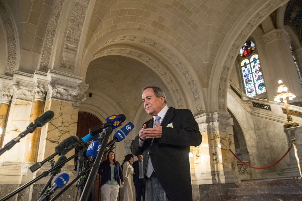 Ambassador Carlos José Argüello Gómez of Nicaragua provides a response following the second day of hearings at the International Court of Justice (ICJ) in the case brought by Nicaragua against Germany regarding financial and military assistance to Israel, as well as the cessation of subsidies to the aid organization UNRWA.