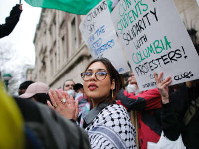 Pro-Palestinian protesters gather outside of Columbia Universit