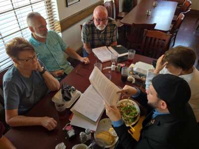 Mark Lee Dickson (R), founder of the Sanctuary Cities for the Unborn initiative, has lunch with anti-abortion members of Project Destiny Amarillo, in Amarillo, Texas, on May 29, 2024.