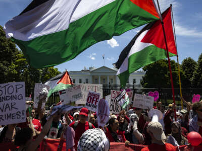 Protesters wave Palestinian flags and chant on Pennsylvania Avenue in front of the White House during a demonstration against the genocide in Gaza on June 8, 2024, in Washington, D.C.