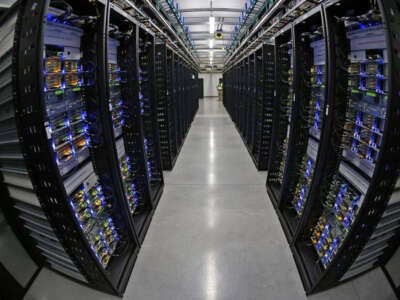 Rows of servers fill Data Hall B at Facebook's Fort Worth Data Center in Texas.