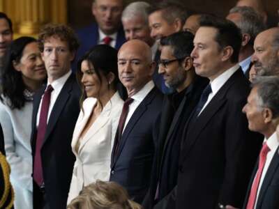 Guests including Mark Zuckerberg, Lauren Sanchez, Jeff Bezos, Sundar Pichai, and Elon Musk attend the inauguration of Donald Trump in the U.S. Capitol Rotunda on January 20, 2025, in Washington, D.C.