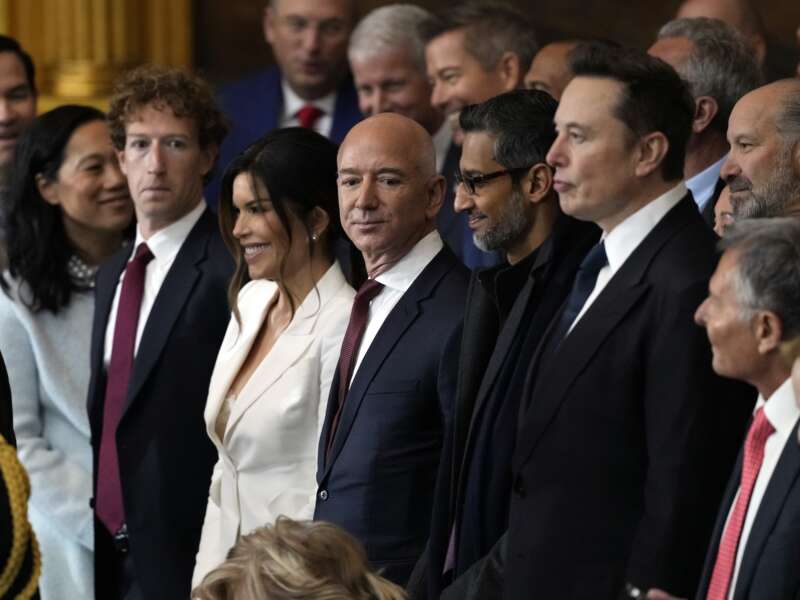 Guests including Mark Zuckerberg, Lauren Sanchez, Jeff Bezos, Sundar Pichai, and Elon Musk attend the inauguration of Donald Trump in the U.S. Capitol Rotunda on January 20, 2025, in Washington, D.C.