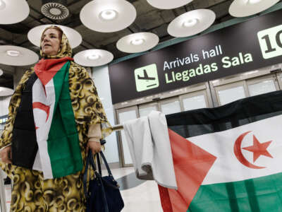 The delegate of the Polisario Front in Madrid, Jadiyetu El Mohtar, waits at Terminal 4 of the Adolfo Suarez Madrid-Barajas Airport, on January 20, 2025, in Madrid, Spain.