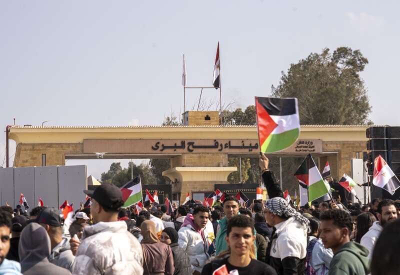 Egyptians protest in front of the Rafah crossing, rejecting the displacement of Palestinians to Egypt and Jordan on January 31, 2025, in Rafah, Egypt.