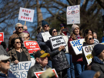 Hundreds of demonstrators rallied at the North Carolina State Capitol on February 17, 2025, in Raleigh, North Carolina, to protest the Republican state Supreme Court candidate Jefferson Griffin's challenge of 65,000 ballots in November's election.